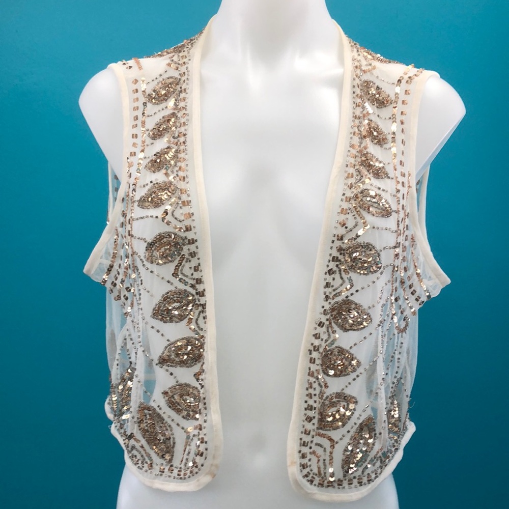 CHICO’S SHEER CREAM SHORT VEST • SILVER & GOLD BEAD DETAIL • sz 1 - Picture 10 of 10